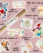 A product display of Tix&Mix Mega Bundle that contains a wall decal, vehicles set, little chef's food game, magic box, mirror, dinosaur set, numbers and letters, animals set, animals puzzle set, and crayons.