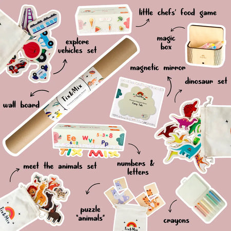 A product display of Tix&Mix Mega Bundle that contains a wall decal, vehicles set, little chef's food game, magic box, mirror, dinosaur set, numbers and letters, animals set, animals puzzle set, and crayons.