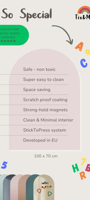 An infographic that highlights the features of Tix&Mix pink magnetic wall decal for kids.