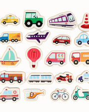 A collection of Tix&Mix wooden magnetic explore vehicles playset for kids.