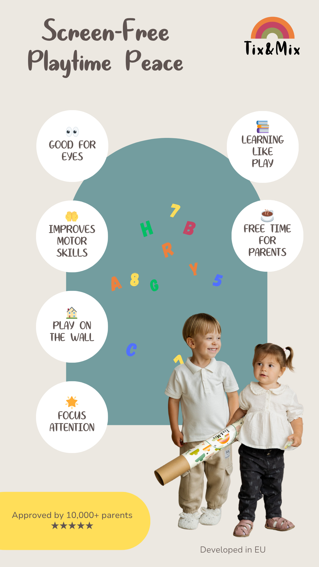 An infographic showcasing the benefits of Tix&Mix magnetic wall decal for kids.