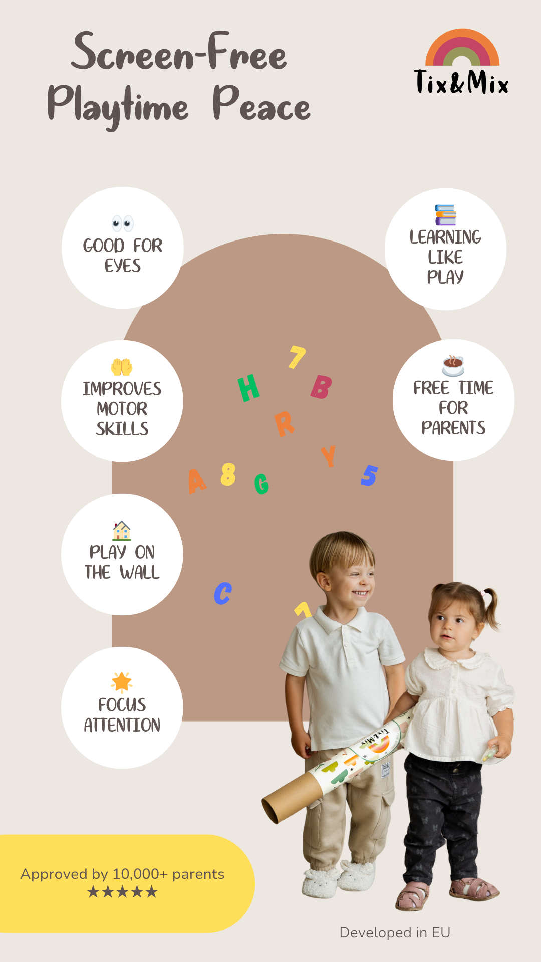 An infographic highlighting the benefits of Tix&Mix magnetic wall decals and toys for kids and toddlers.