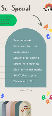 An infographic highlighting the features and benefits of Tix&Mix magnetic wall decal for kids.