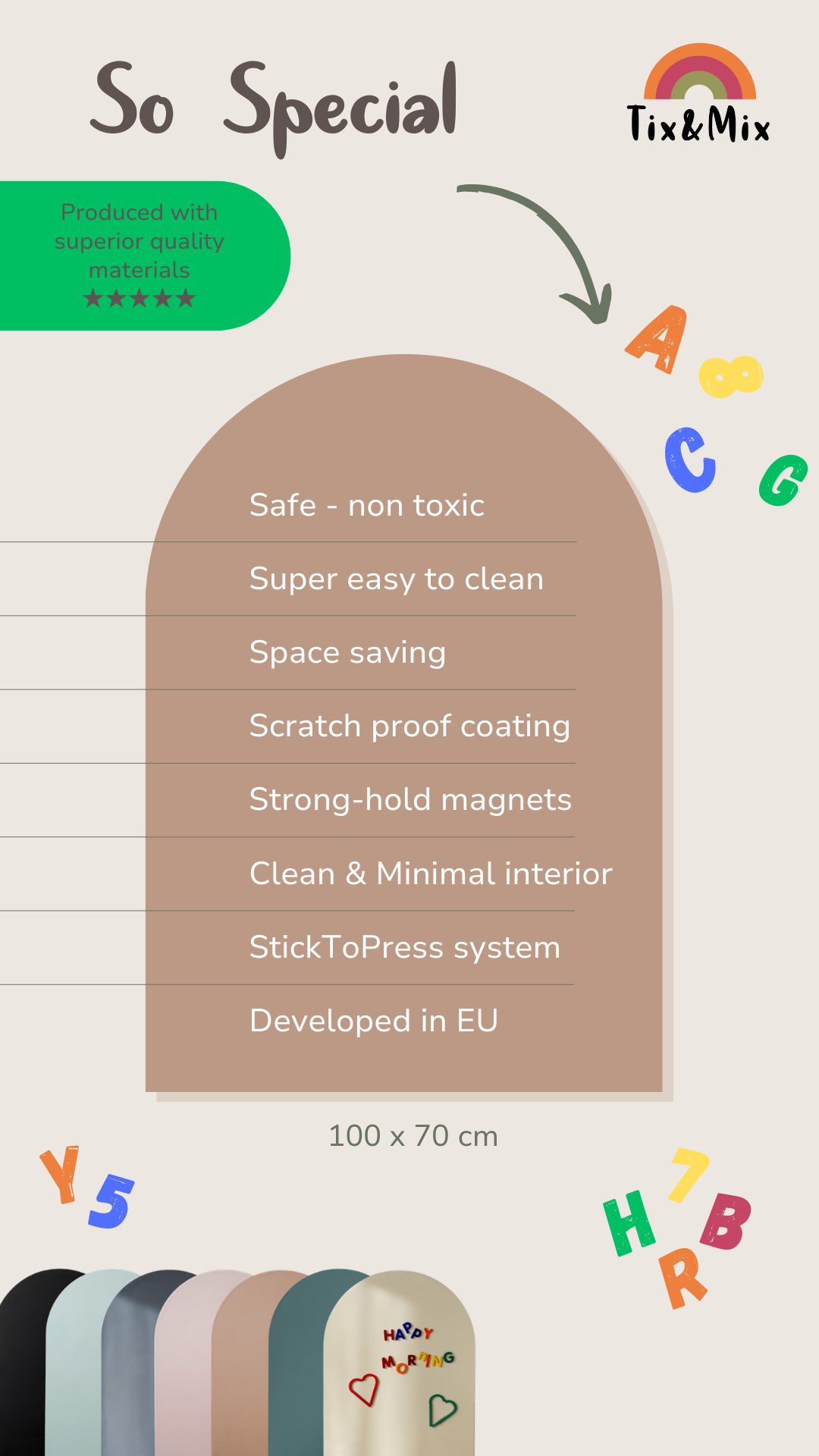 An infographic showing the list of benefits of Tix&Mix magnetic wall decals for kids.