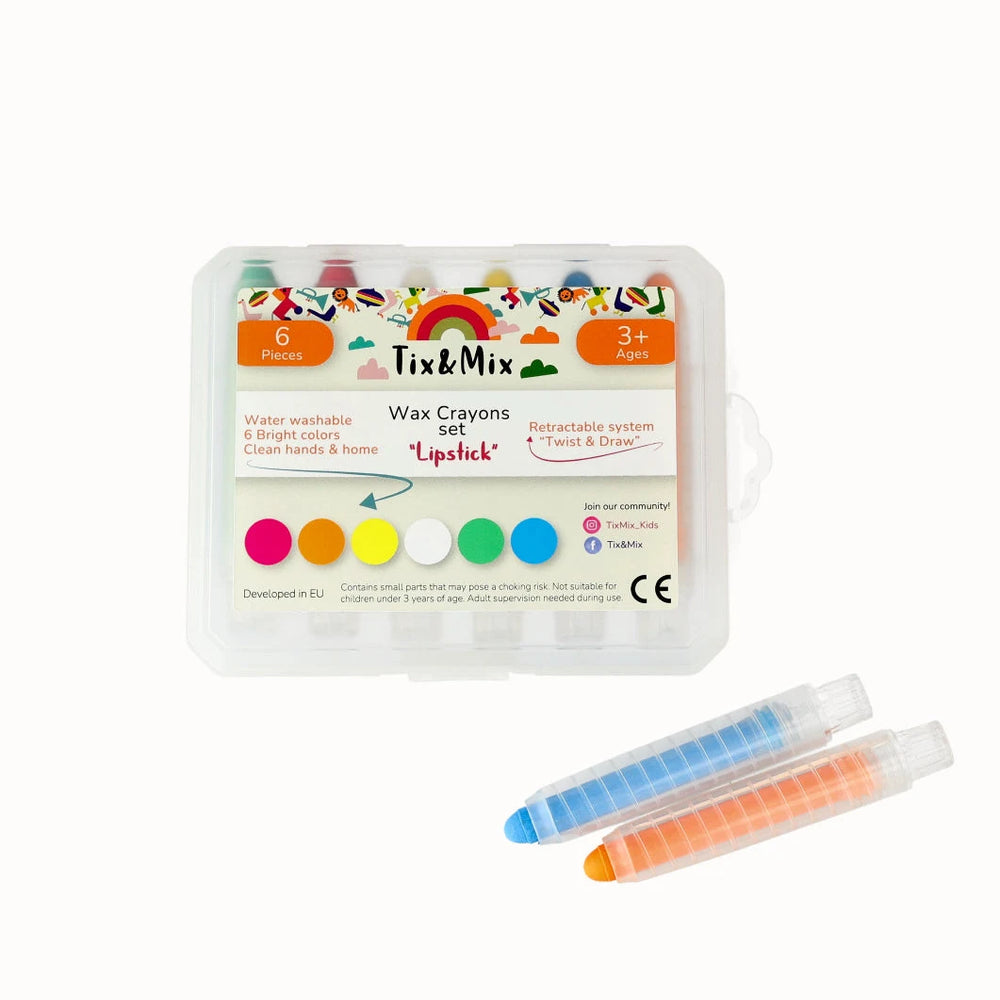 A product display of Tix&Mix wax crayons set for kids on a white background.