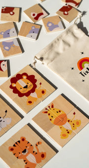 A closeup photo of Tix&Mix wooden magnetic animals puzzle set and a beige pouch.