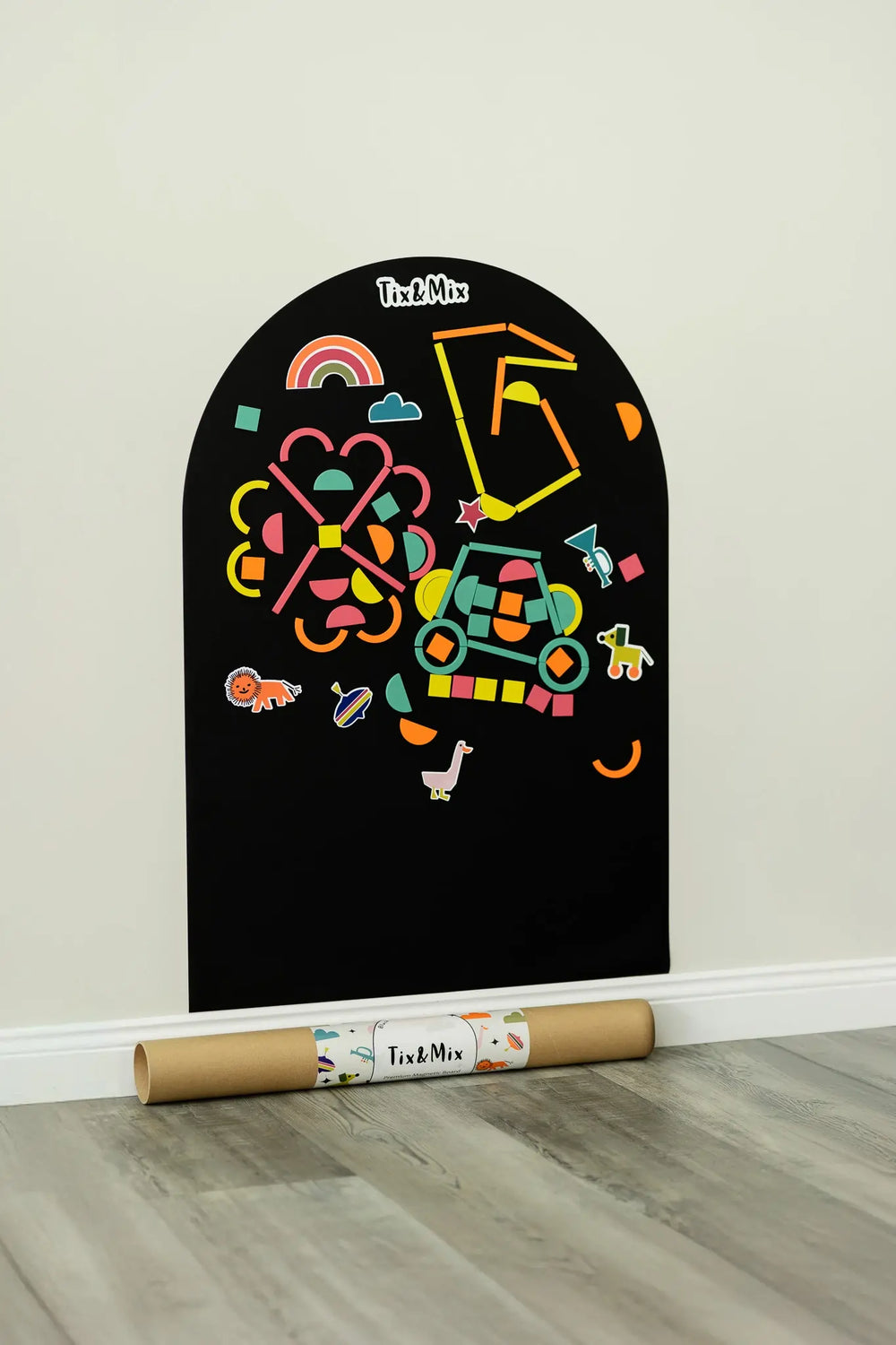 A product display of Tix&Mix black magnetic wall decal featuring Rings and Blocks in different forms and shapes.