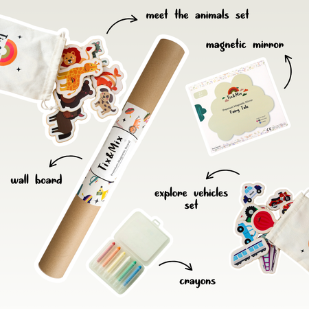 A Tix&Mix bundle consisting of magnetic wall board, animals set, magnetic mirror, vehicles set, and crayons.