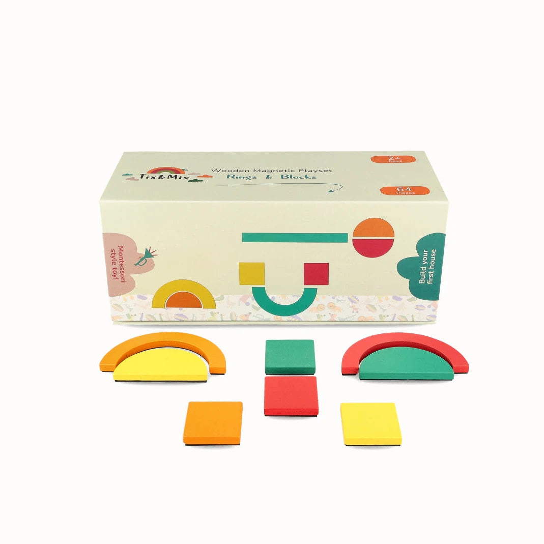 A product display of Tix&Mix wooden magnetic rings and blocks playset for kids on a white background.