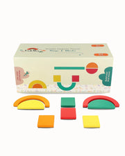 A product display of Tix&Mix wooden magnetic rings and blocks playset for kids on a white background.