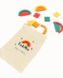 Colorful wooden rings and blocks with a Tix & Mix branded pouch on a white background