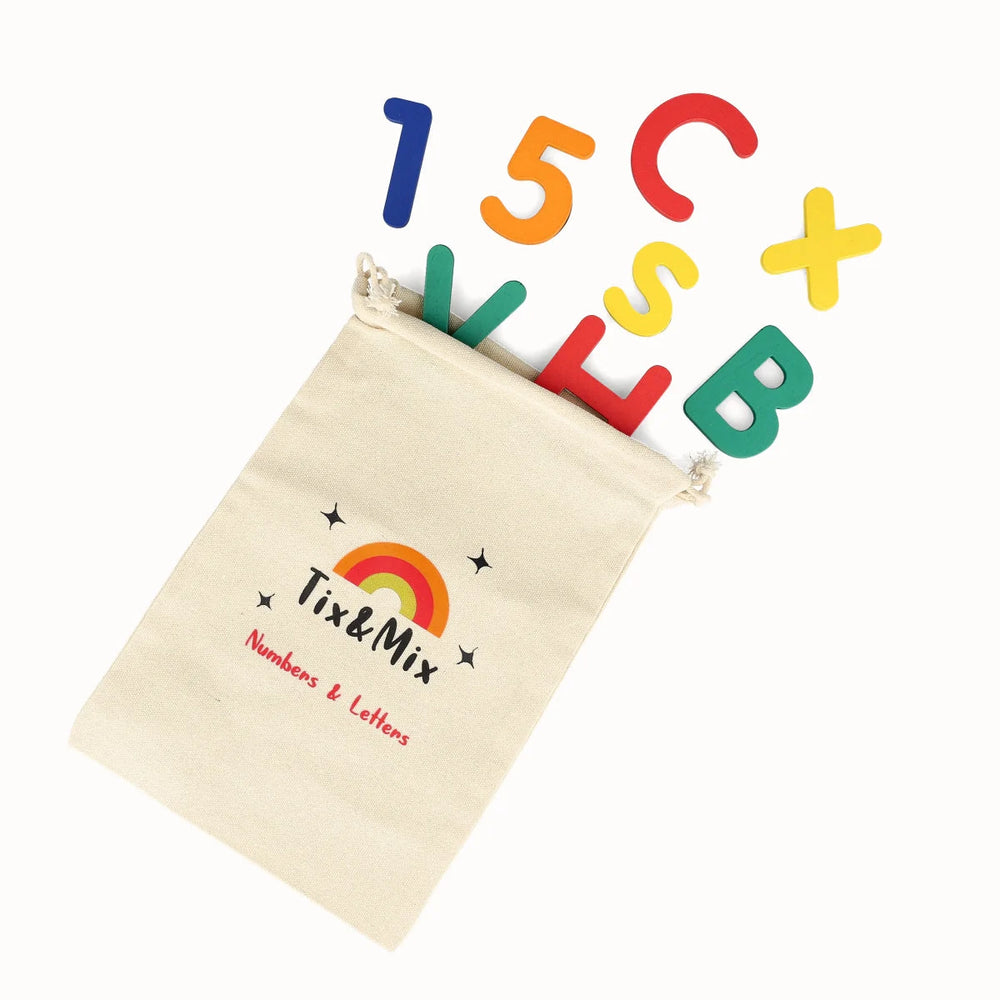 A colorful Tix&Mix wooden magnetic letters and numbers and a beige pouch.