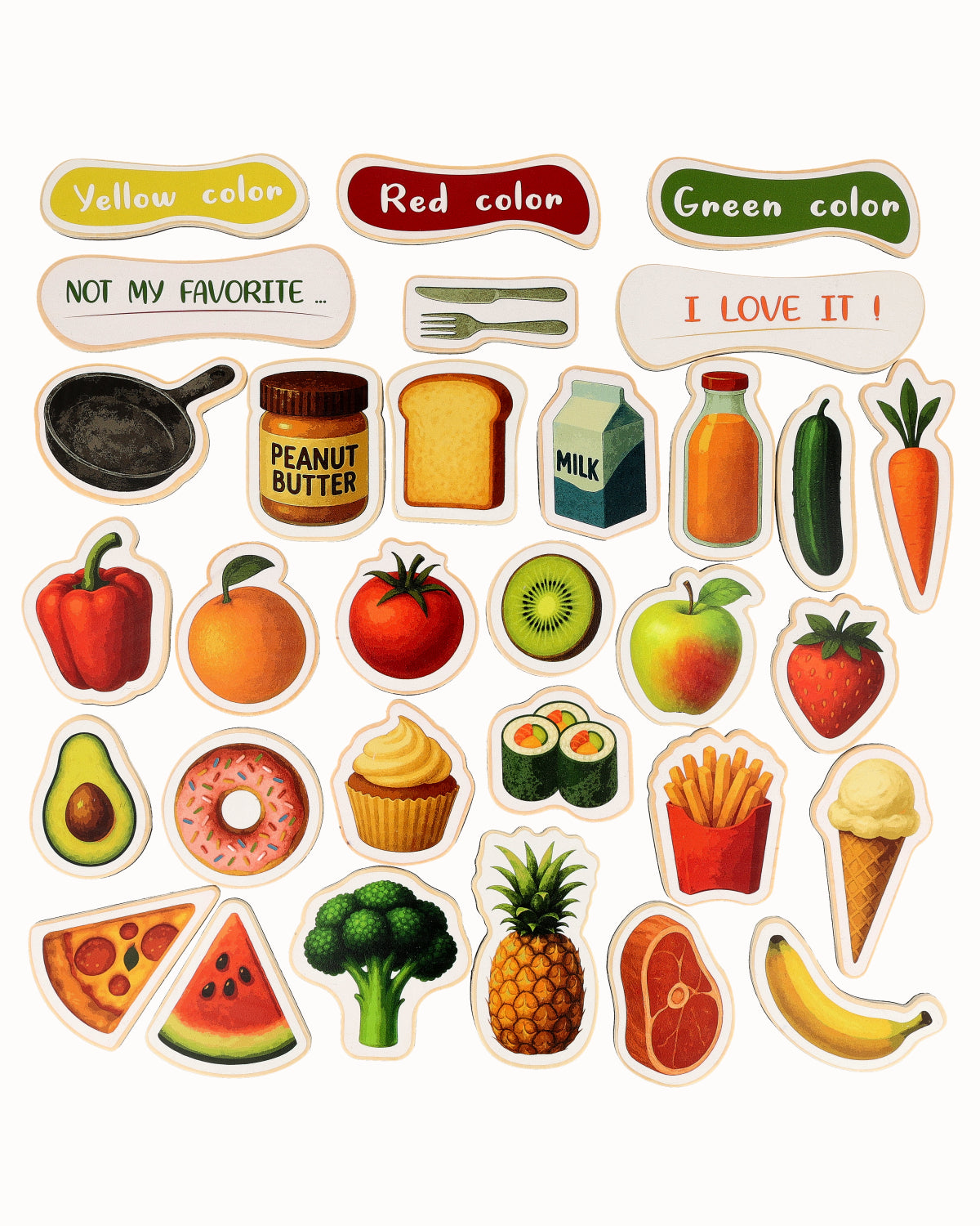 A Tix&Mix magnetic food set for toddlers featuring colorful fruits, vegetables, snacks, and everyday foods labeled by color categories like red, yellow, and green.