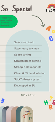 An infographic showcasing the features of Tix&Mix magnetic wall decal.