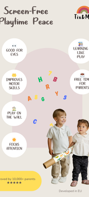 A Tix&Mix screen-free magnetic wall decal for kids featuring two children holding a wall decal roll, surrounded by colorful letters and benefits of using magnetic wall board.