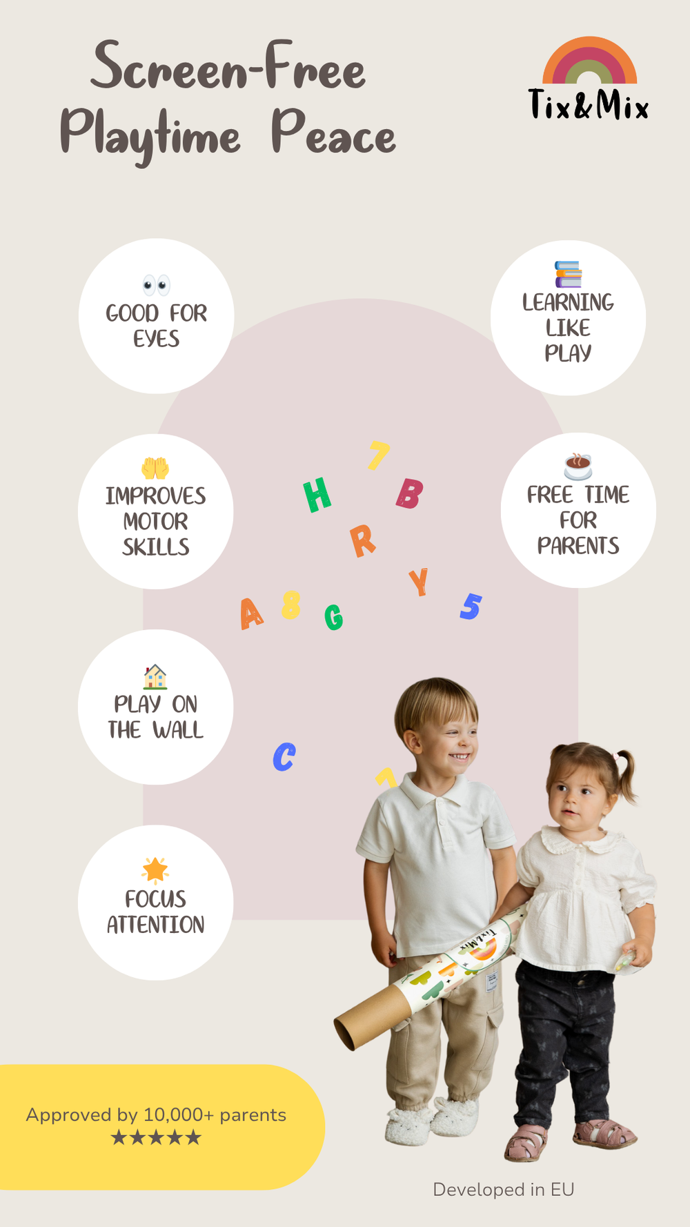 A Tix&Mix screen-free magnetic wall decal for kids featuring two children holding a wall decal roll, surrounded by colorful letters and benefits of using magnetic wall board.