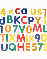 A collection of Tix&Mix wooden magnetic numbers and letters playset on a white background.