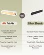 A comparison of Tix&Mix wooden magnetic shelf vs other brands showing natural wood quality, strong magnetic hold, and long-lasting design versus plastic alternatives.