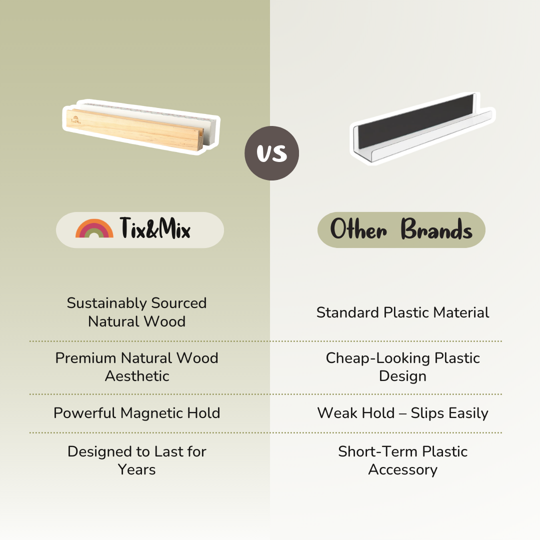 A comparison of Tix&Mix wooden magnetic shelf vs other brands showing natural wood quality, strong magnetic hold, and long-lasting design versus plastic alternatives.