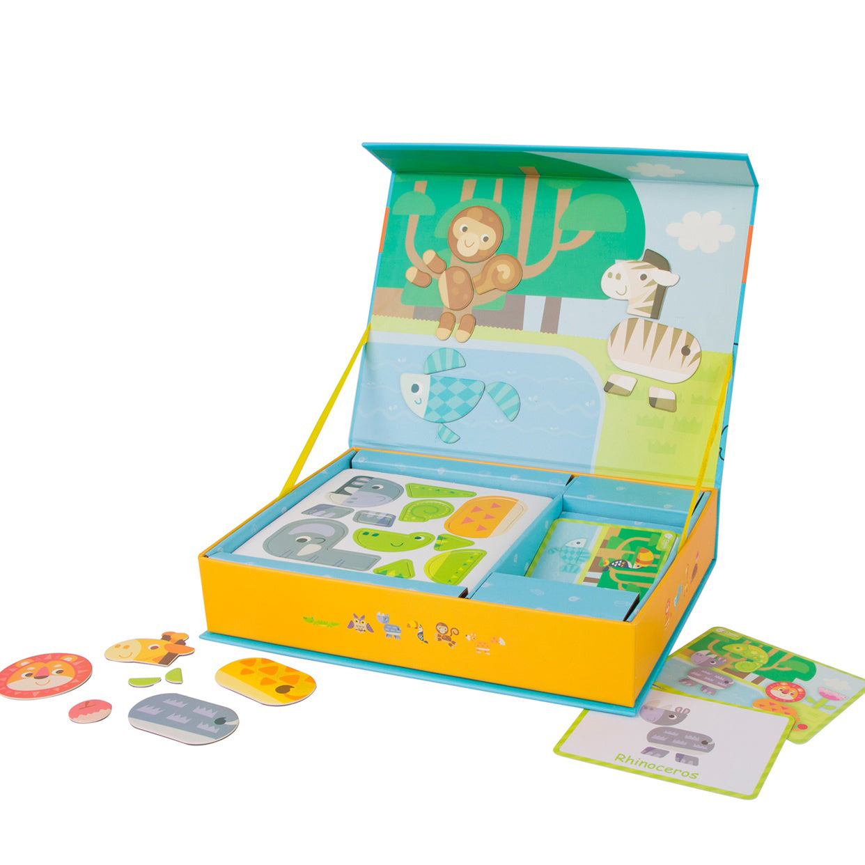 Tix & Mix magnetic animal puzzle box for kids featuring safari-themed magnets, reusable activity cards, and a fold-out magnetic play board.