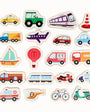 A set of colorful toy vehicle magnets on a white background