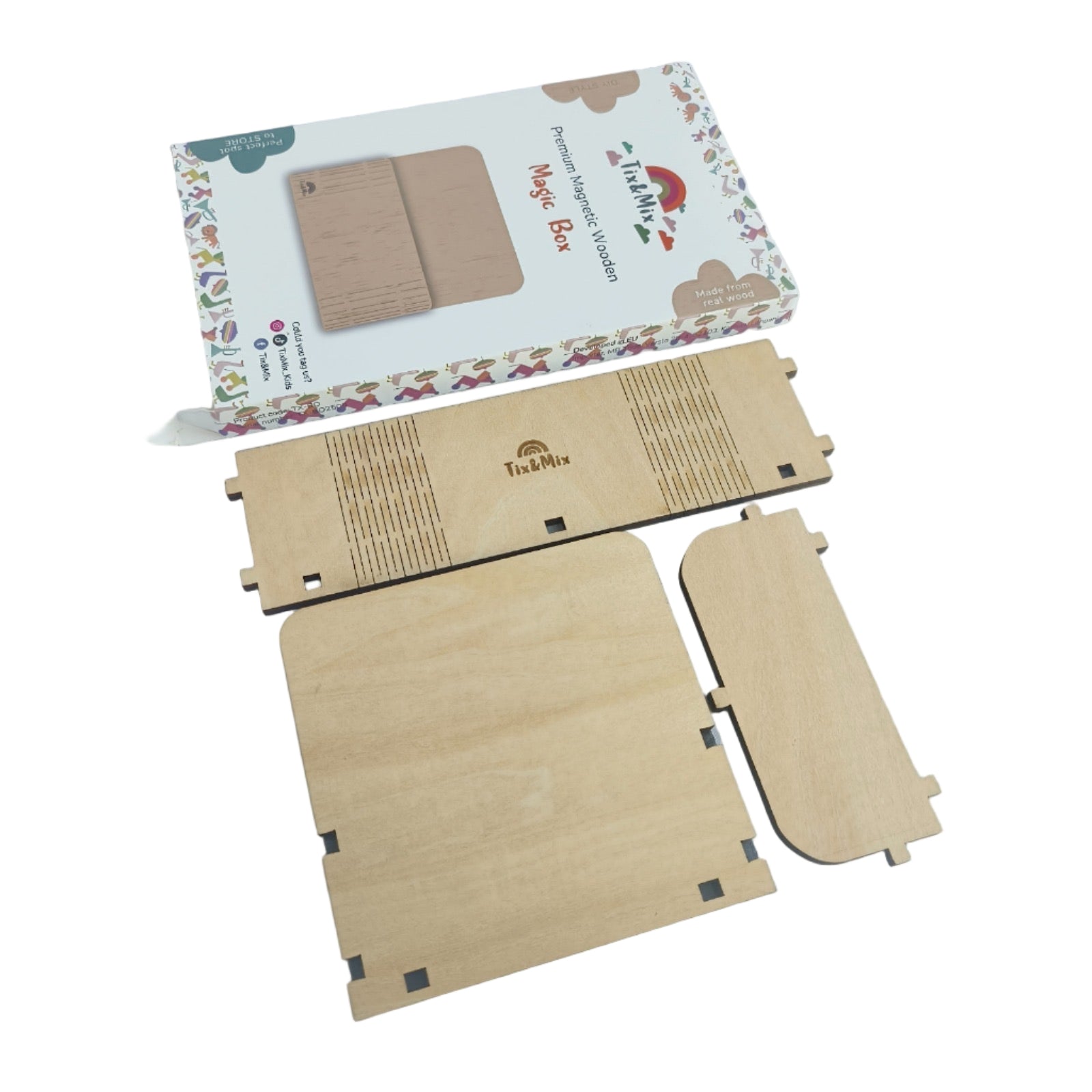 Cardboard product packaging with a small brown bag on a light gray background
