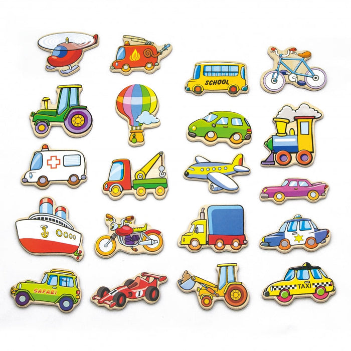 Wooden vehicles magnets (set of 20)