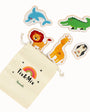 A colorful wooden magnetic animal toys and a Tix&Mix animals beige pouch.