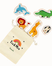 A colorful wooden magnetic animal toys and a Tix&Mix animals beige pouch.