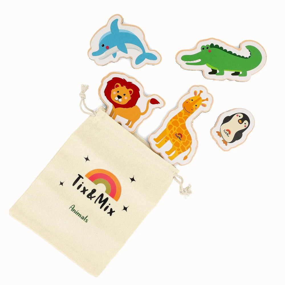 A collection of Tix&Mix wooden magnetic animals playset and a beige animals pouch bag on a white background.