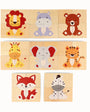 Wooden puzzle with colorful animal illustrations on a white background